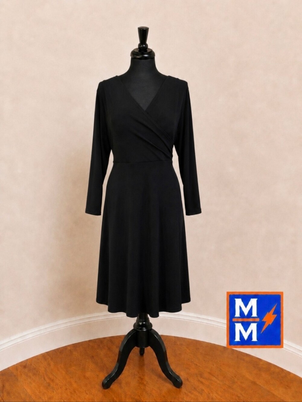 NWT Avenue Black Wrap Midi Dress Long Sleeve Elegant Career Cocktail Size 14/16
